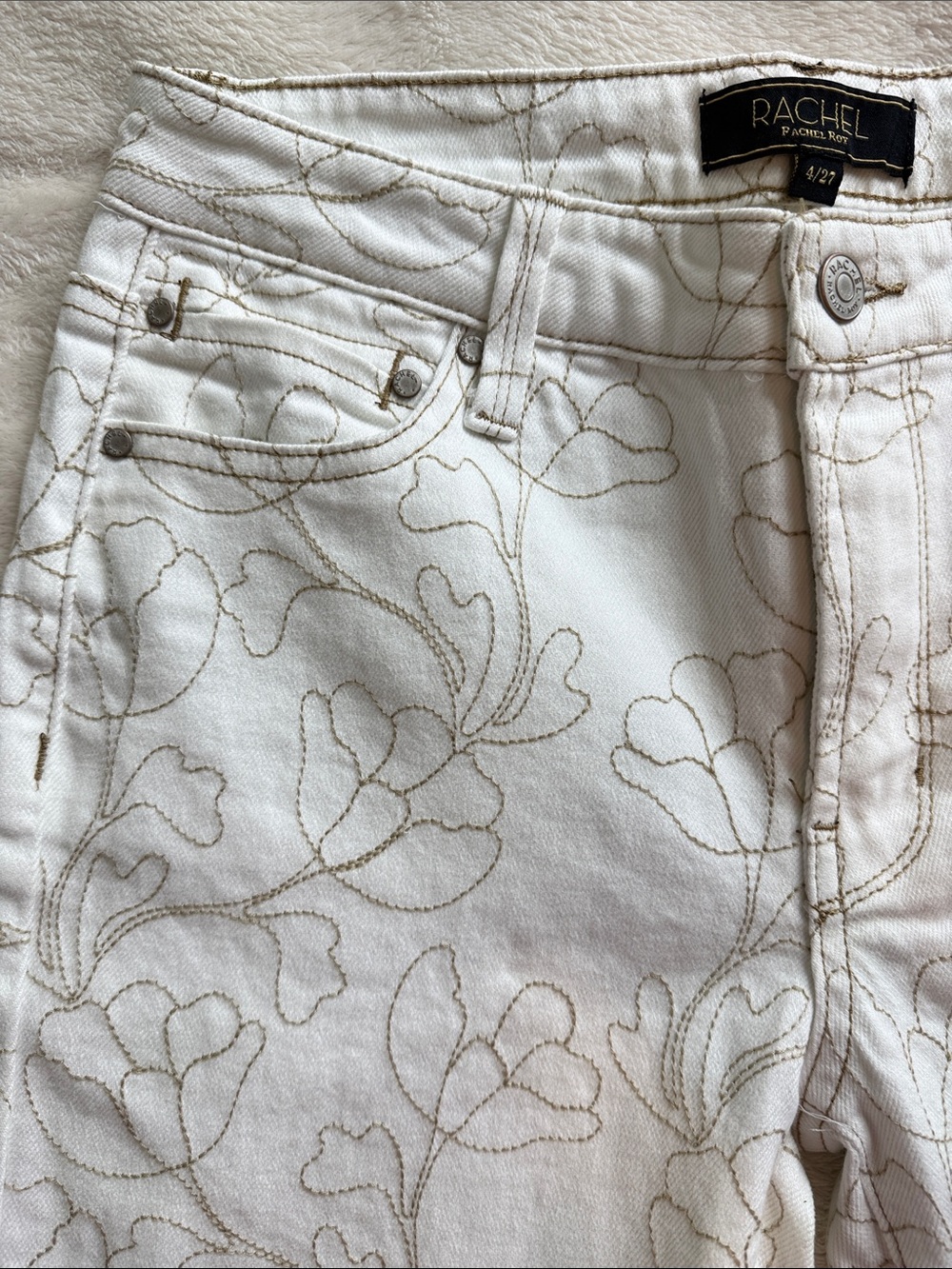 NWT Rachel Rachel Roy Satisfied White Floral Beige Embroidered Bootcut Jeans 4 - Picture 8 of 14